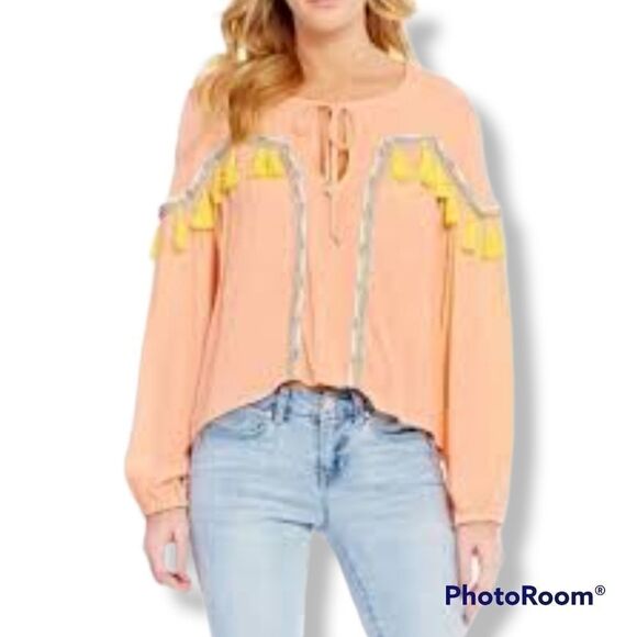 Gianni Bini medium orange long sleeve tassels boho peasant flowy top - Picture 1 of 7